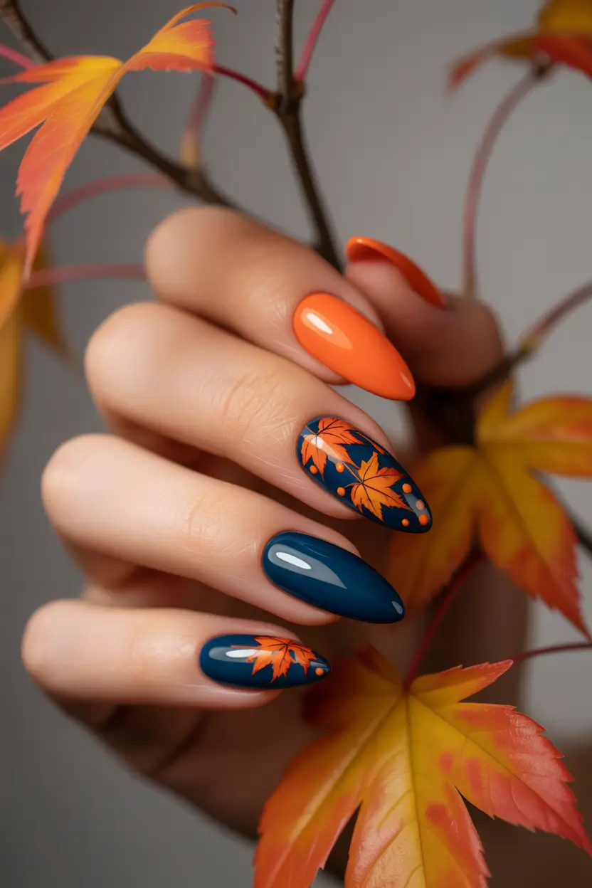 Fall Stiletto Nails 2025 Maple-Leaf Magic in Midnight & Flame