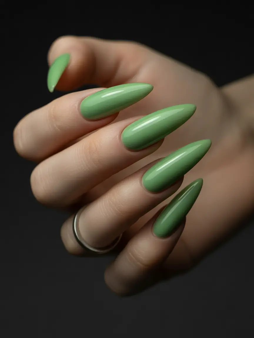 Fall stiletto nails 2025 Mossy Green with Monochrome Depth