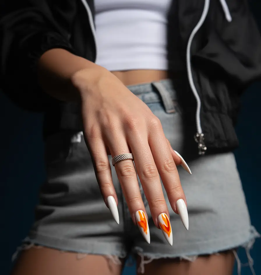 Fall stiletto nails 2025 Molten Orange Flames for Fall Rebels