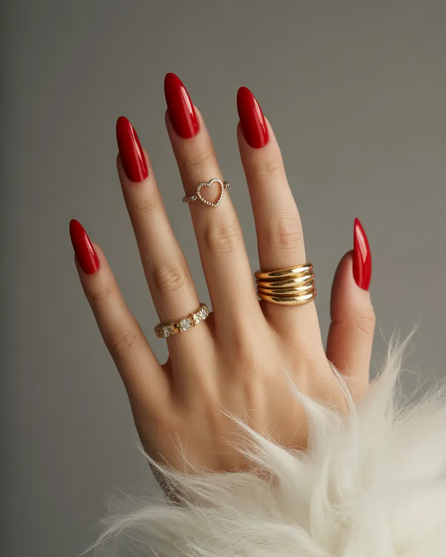 Fall stiletto nails 2025 Glossy Scarlet for the Fall Femme Fatale