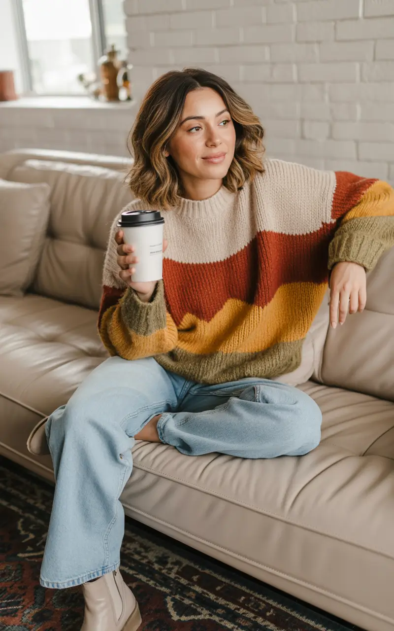 fall sweater outfits ideas 2025 Sunset Stripe Vibes and Coffee Kicks