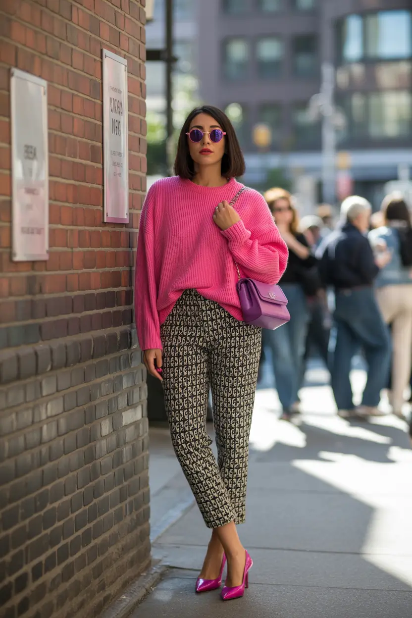 fall sweater outfits ideas 2025 Street Pink Meets High-Energy Print