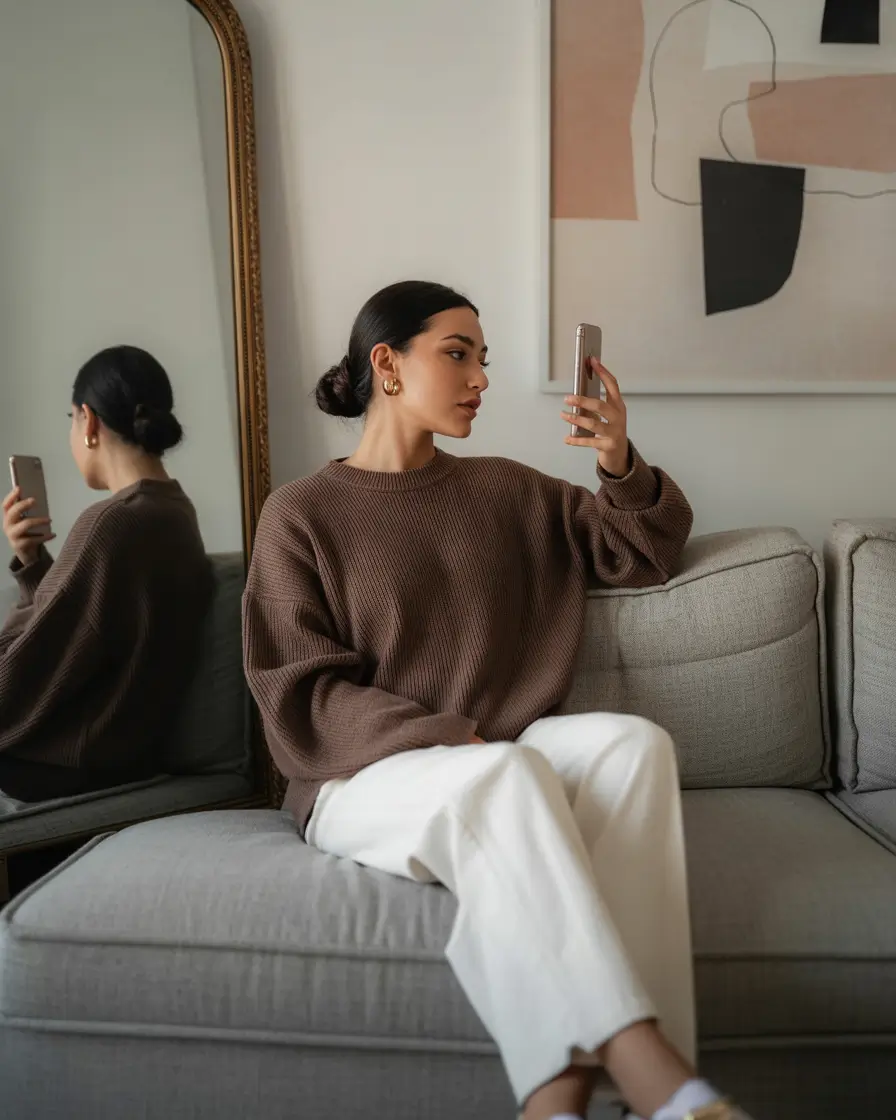 fall sweater outfits ideas 2025 Minimalist Comfort in Brown and White