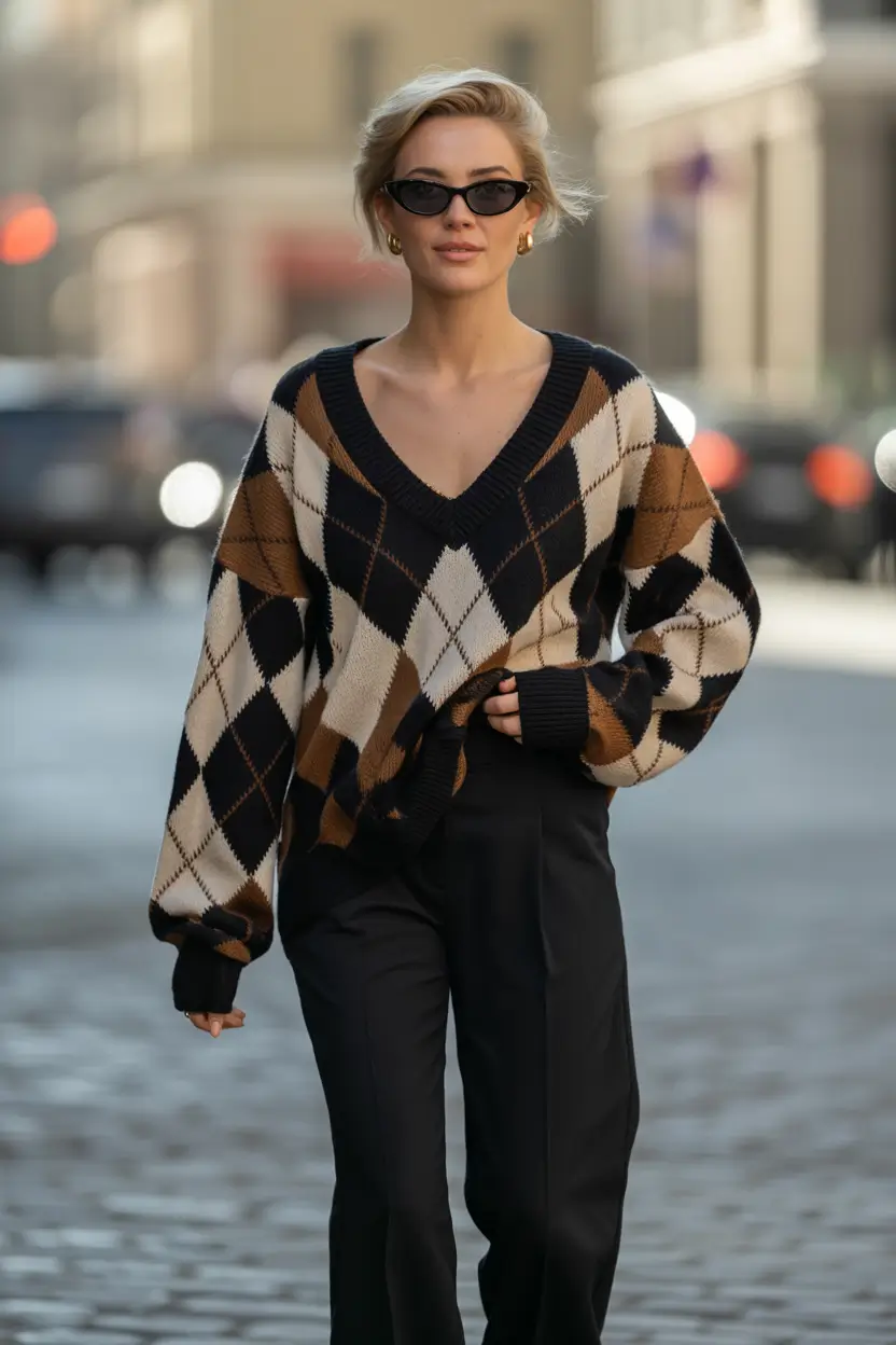 fall sweater outfits ideas 2025 Argyle Edge with a Retro Twist