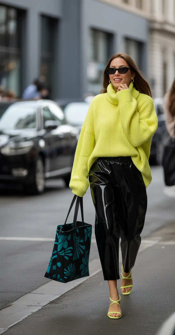 fall sweater outfits ideas 2025 Highlighter Hues and Glossy Daring