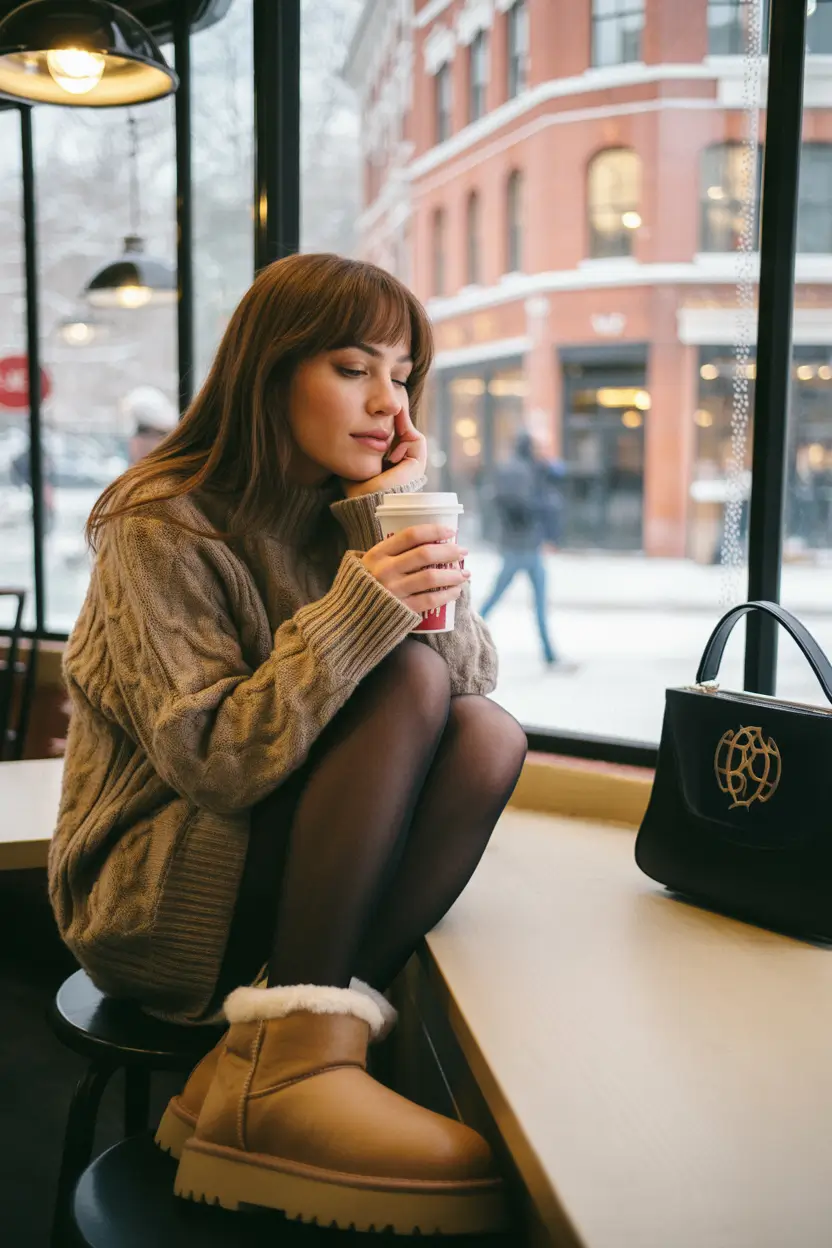 fall sweater outfits Coffee Shop Coziness with Tights & Texture