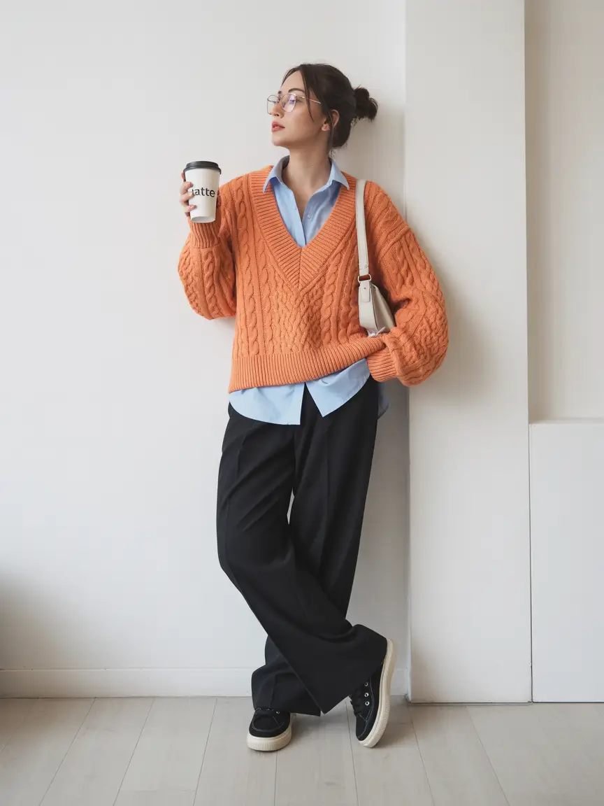 fall sweater outfits Popped Collar Prep Meets Cozy Orange Vibes