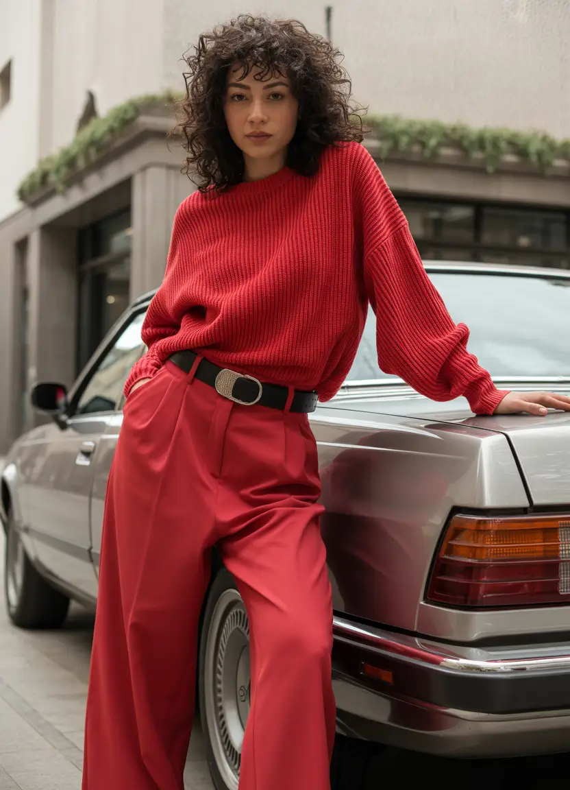 fall sweater outfits All-Red Power Moment with a Retro Kick