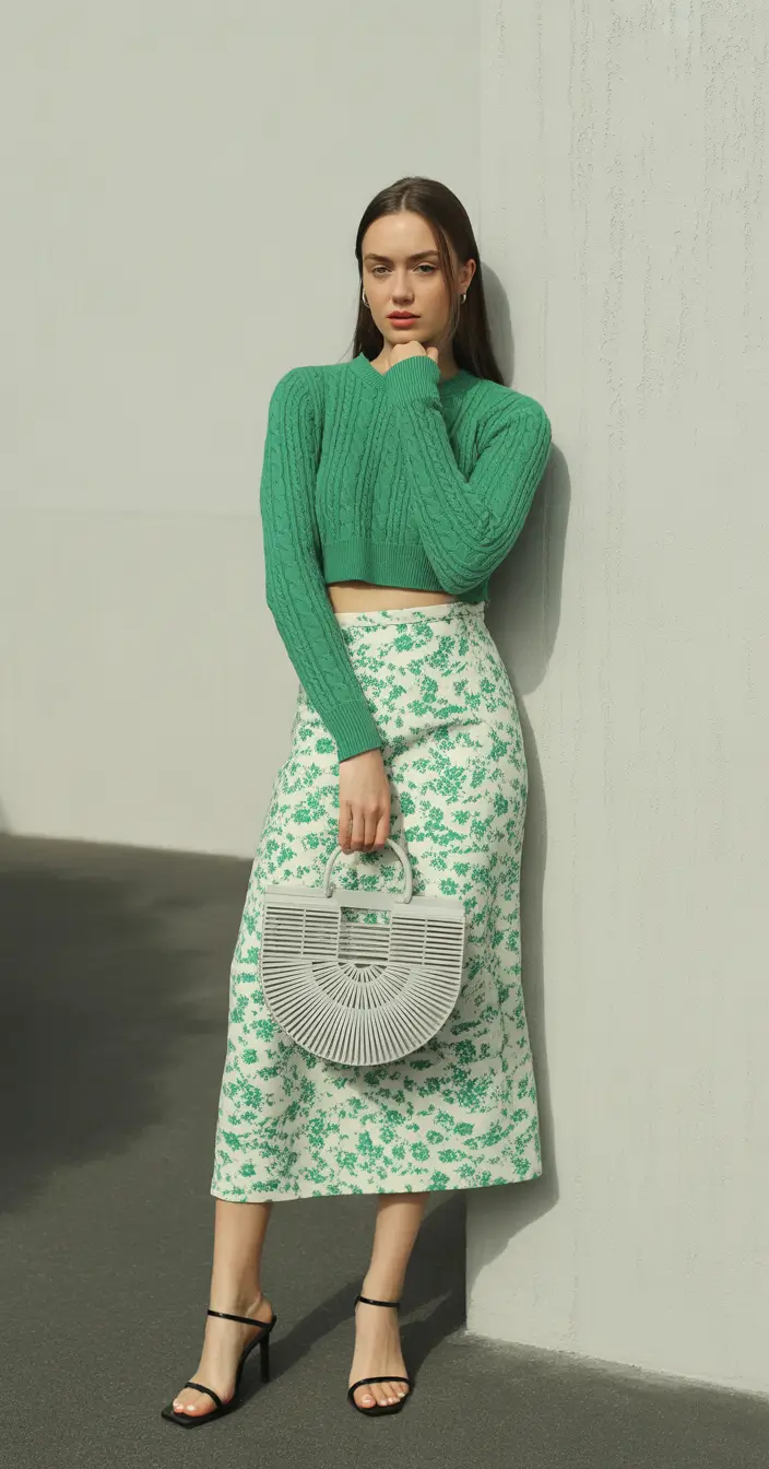 fall sweater outfits Cropped Green Knit Meets Modern Romance