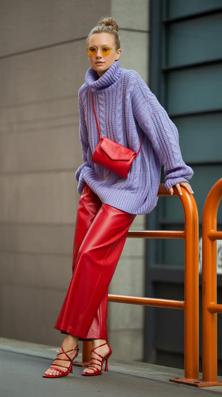 fall sweater outfits ideas 2025 Purple Knits, Red Leather, City Cool