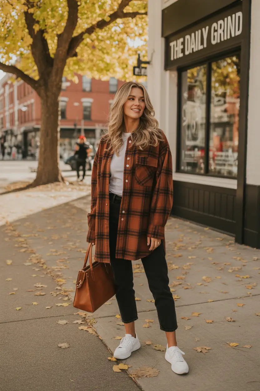 fall winter outfits Rust Plaid, Sneakers, and Easy Days