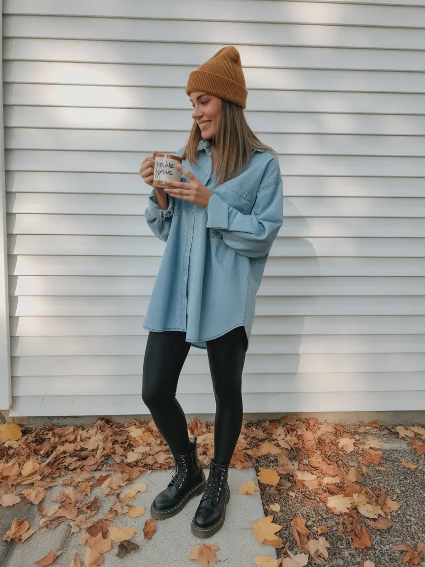 fall winter outfits Denim Shirts and Leggings for Ultimate Comfort