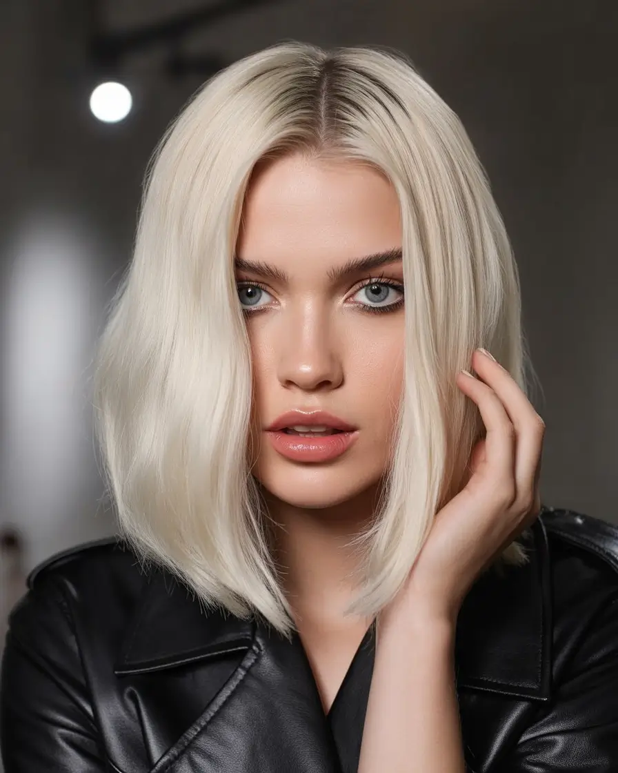 Fall bob haircut Sculpted Icy Blonde with Clean Middle Part
