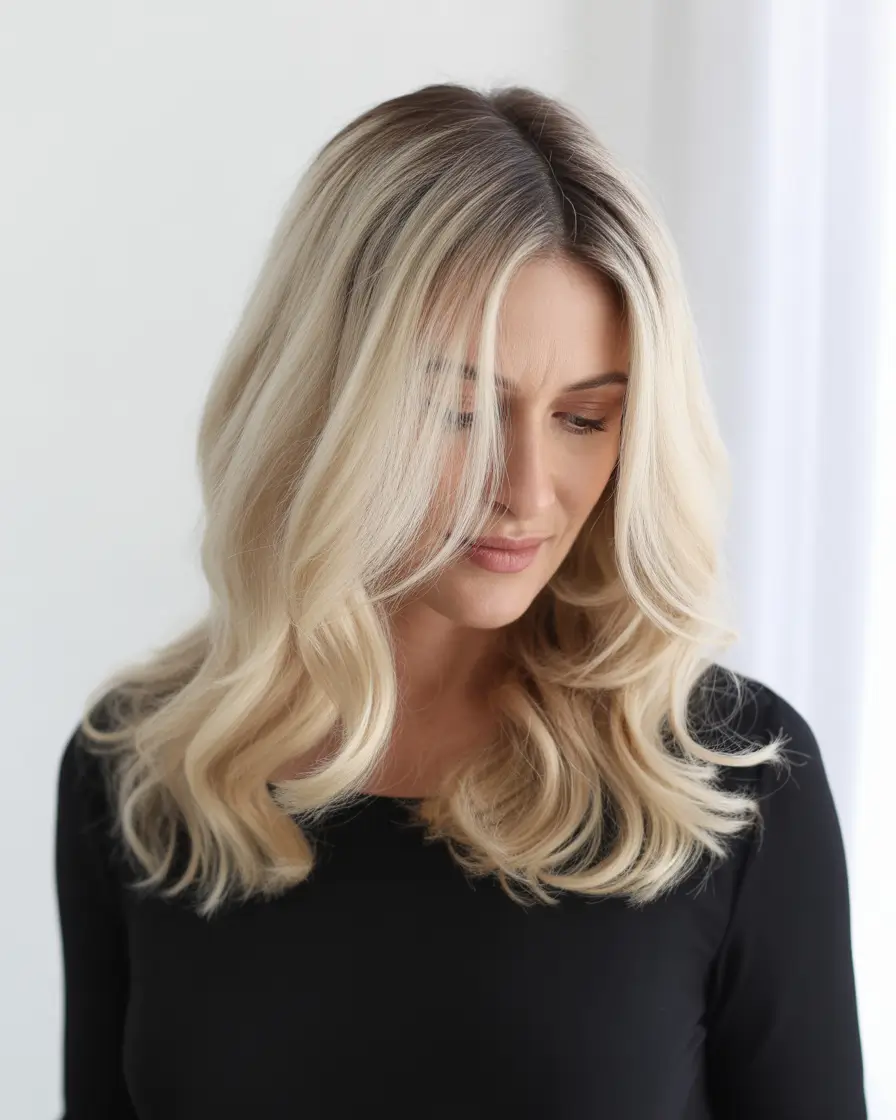 Fall hair color for women over 40 Warm Platinum Waves with Root Shadow
