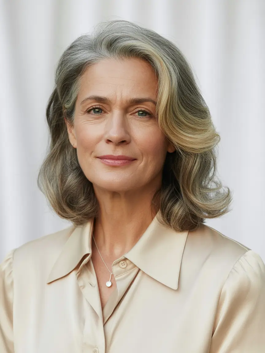 Fall hair color for women over 40 Classic Silver Volume with Vintage Flip