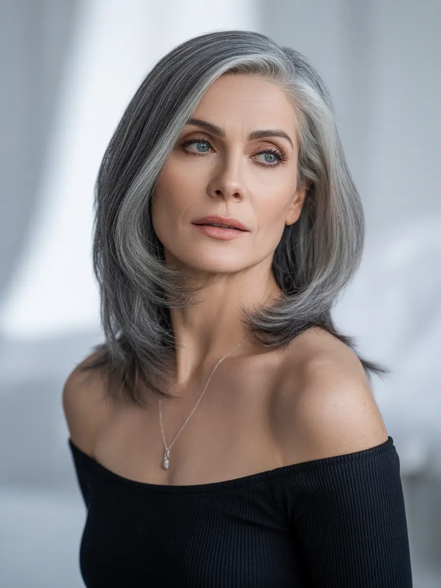 Fall hair color for women over 40 Cool Ash Layers with Feathered Ends