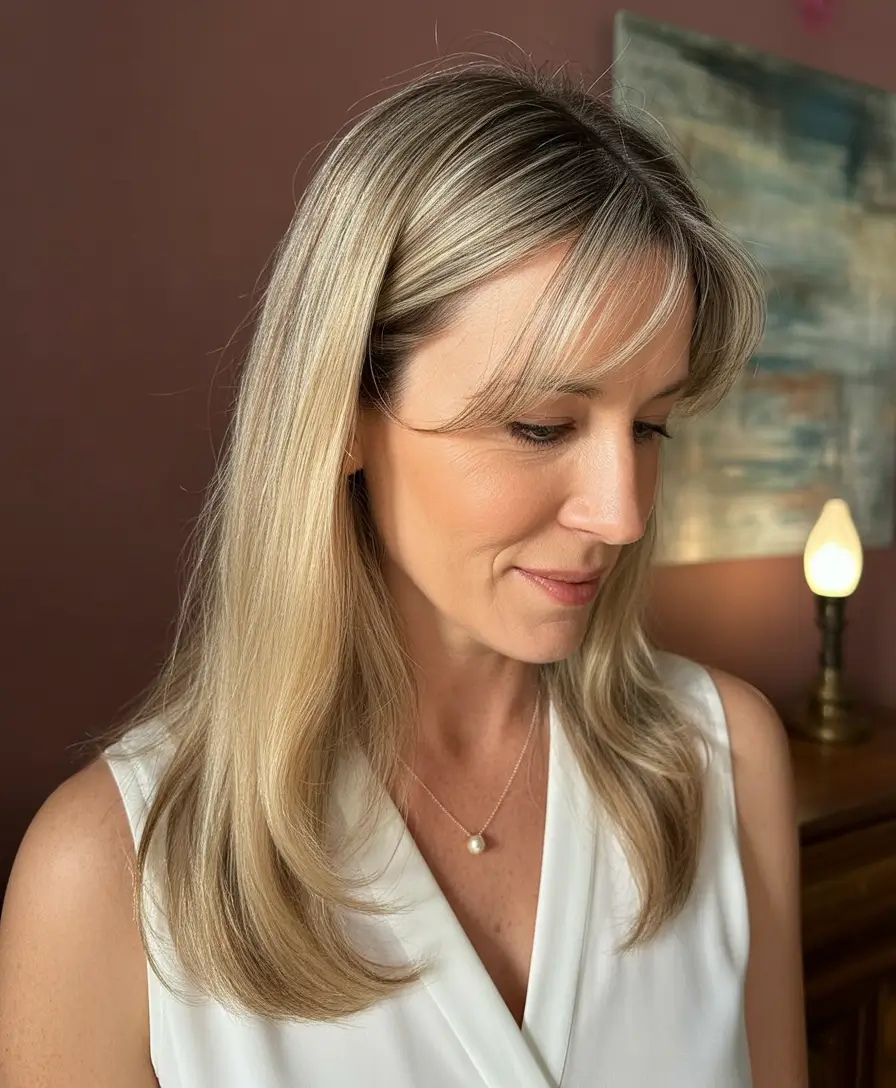 Fall hair color for women over 40 Champagne Blonde with Wispy Curtain Bangs