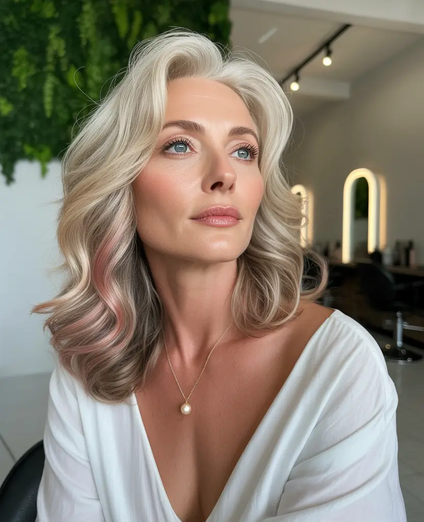 Fall hair color for women over 40 Cool Platinum Waves with Peekaboo Rose