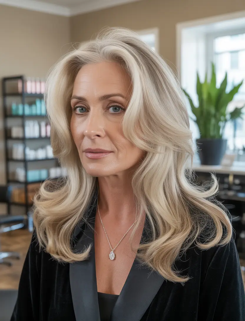 Fall hair color for women over 40 Golden Vanilla Layers with Luxe Movement