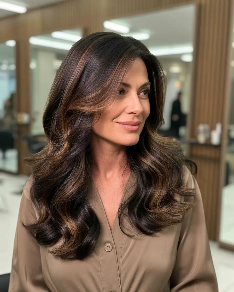 Fall hair color for women over 40+Walnut Brunette with Lived-In Highlights