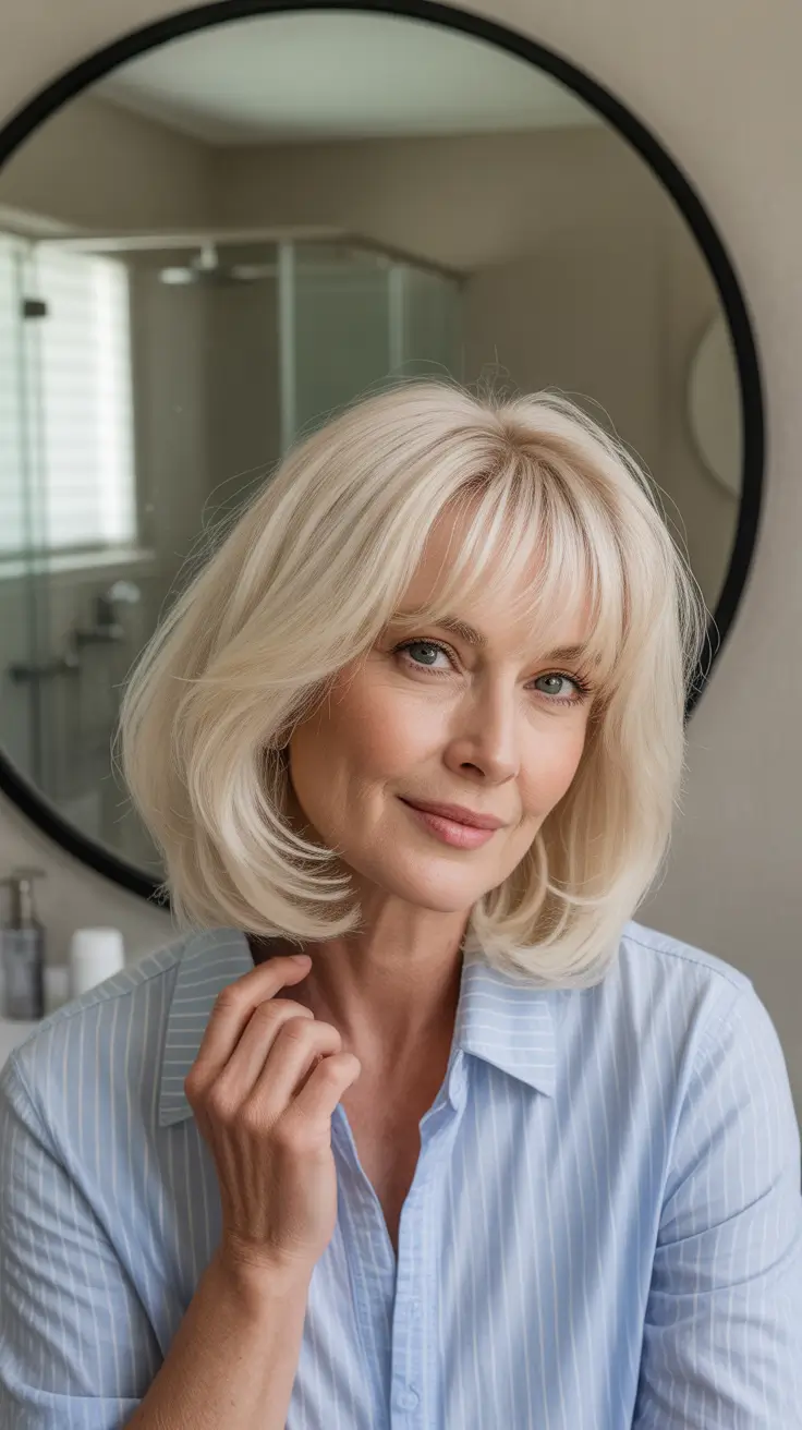 Fall haircuts for women over 60 - Soft Blonde Bob with Curtain Bangs: Cozy Meets Chic
