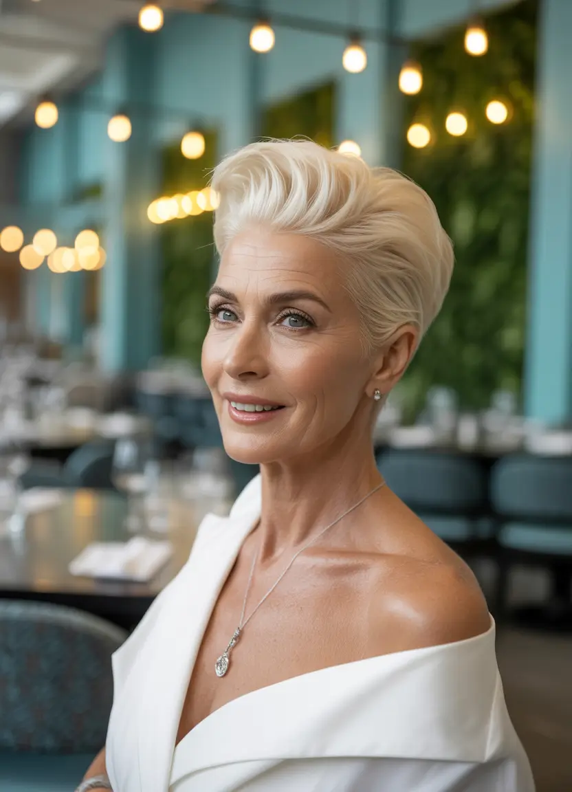 Fall haircuts for women over 60 - The Platinum Bixie: Sleek Rebellion in One Cut