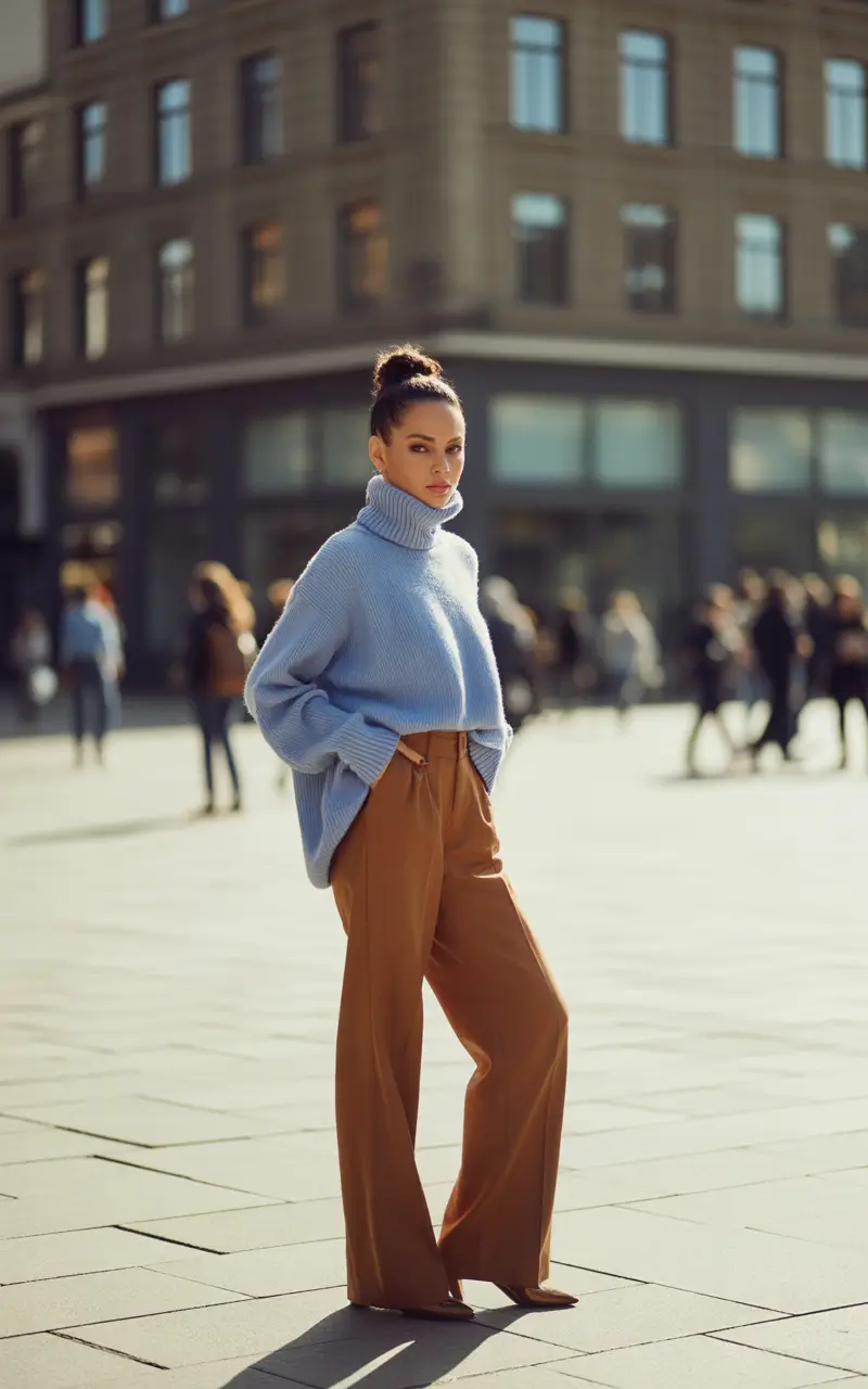 Layering outfits for Chilly Fall 2025+Powder Blue and Caramel Tones
