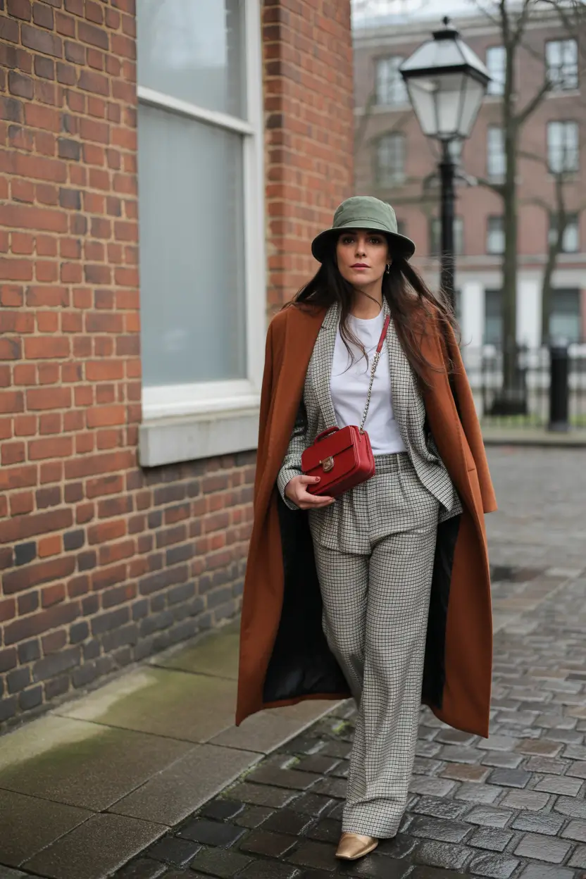 Layering for fall outfits Tailored Layers with a Pop of Color