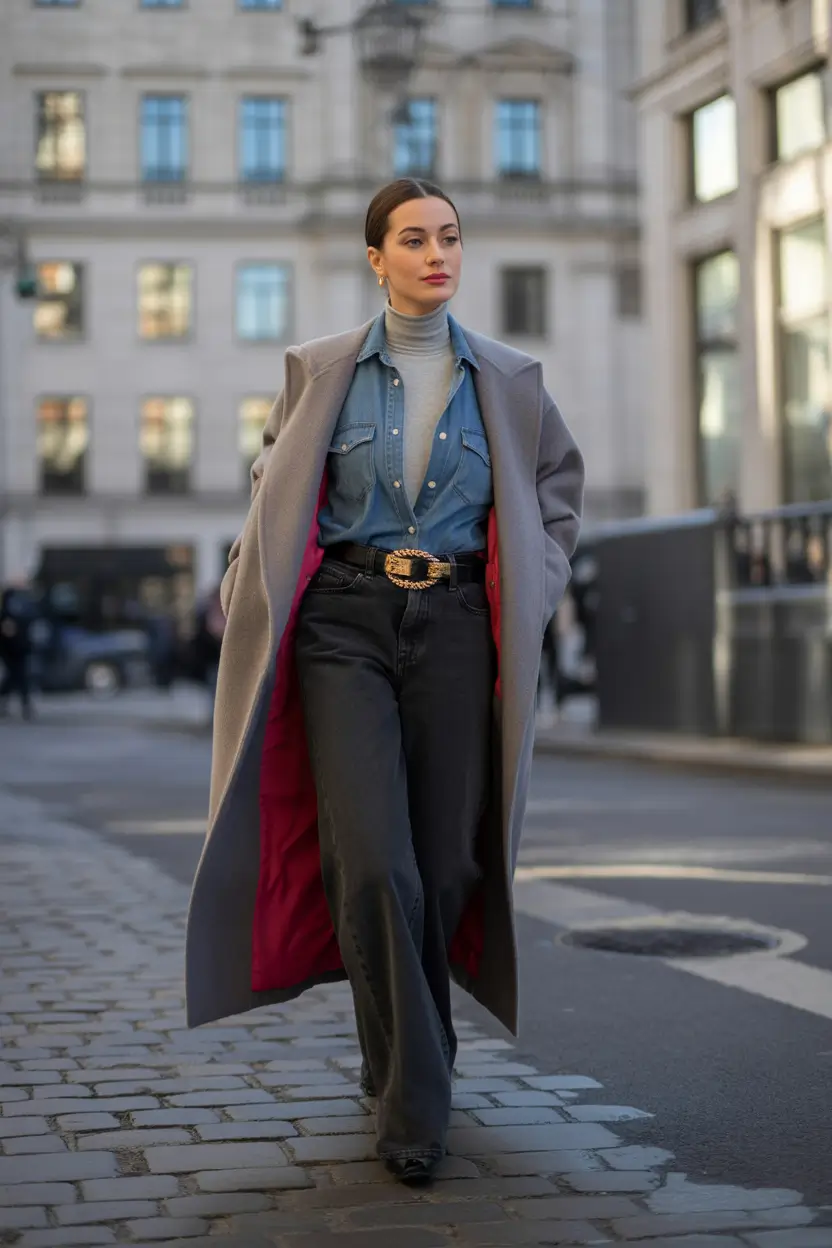 Layering for fall outfits Modern Denim Layers with Luxe Outerwear