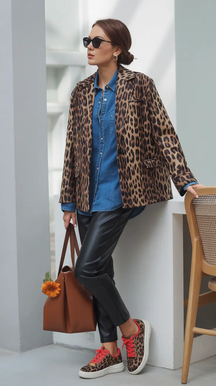 Layering outfits for Chilly Fall 2025+Leopard and Leather With a Pop of Denim