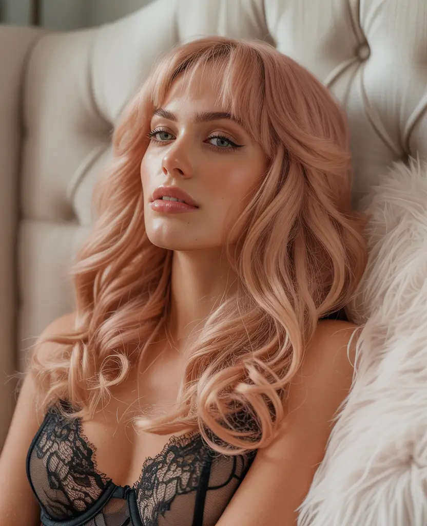 Fall hair color for blondes Dusty Rose Blonde with Curtain Bangs