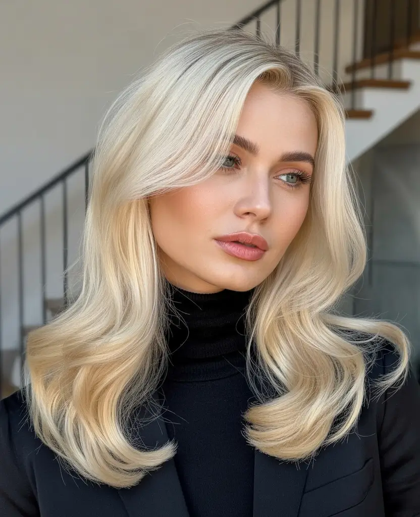 Fall hair color for blondes medium length Modern Icy Blonde Blowout With Soft Flicks