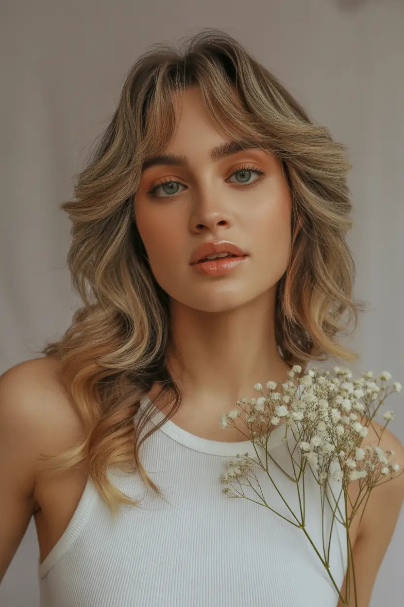 fall hair color for blondes Shaggy Bangs with Caramel Balayage Energy