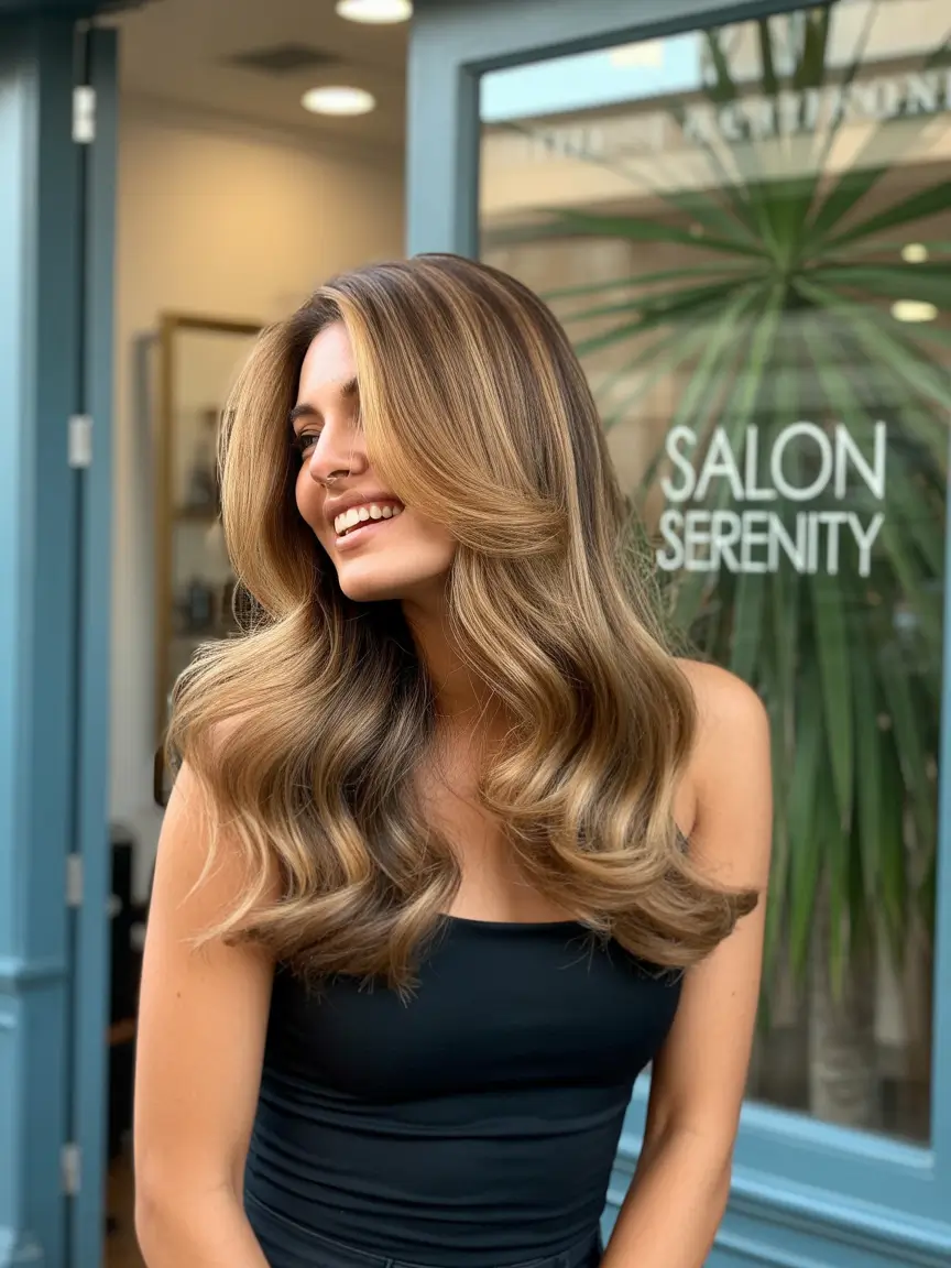 Dark roots caramel Golden Blonde Blowout with Dark Root Shadow