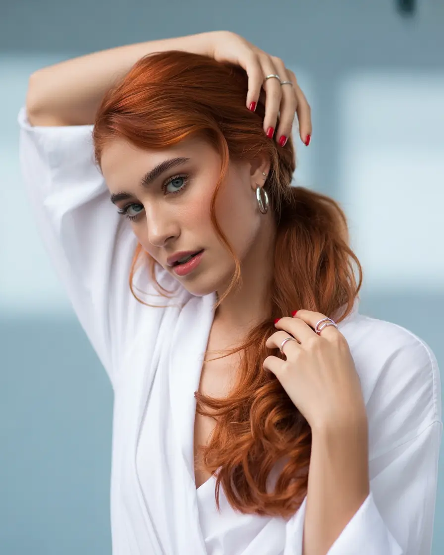 Fall red hair color Warm Cinnamon Layers with a Loose Pony