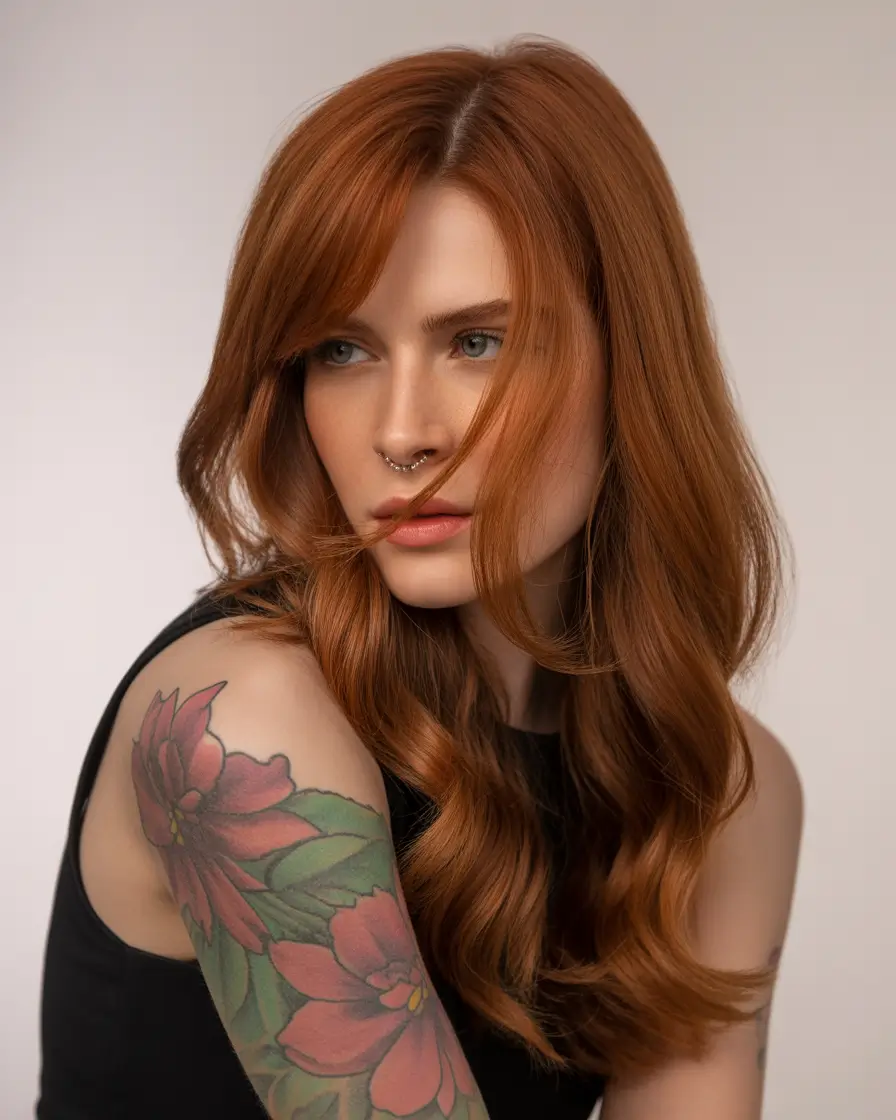 Fall red hair color Layered Auburn with Side Bangs and Satin Finish