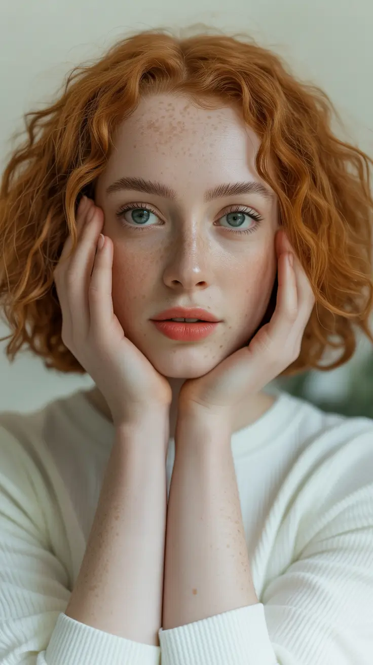 Fall red hair color Short Curly Auburn Bob with Freckles & Glow