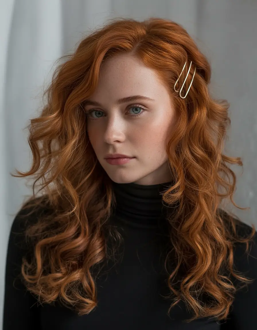 Fall red hair color Soft-Spice Curls with Barrettes