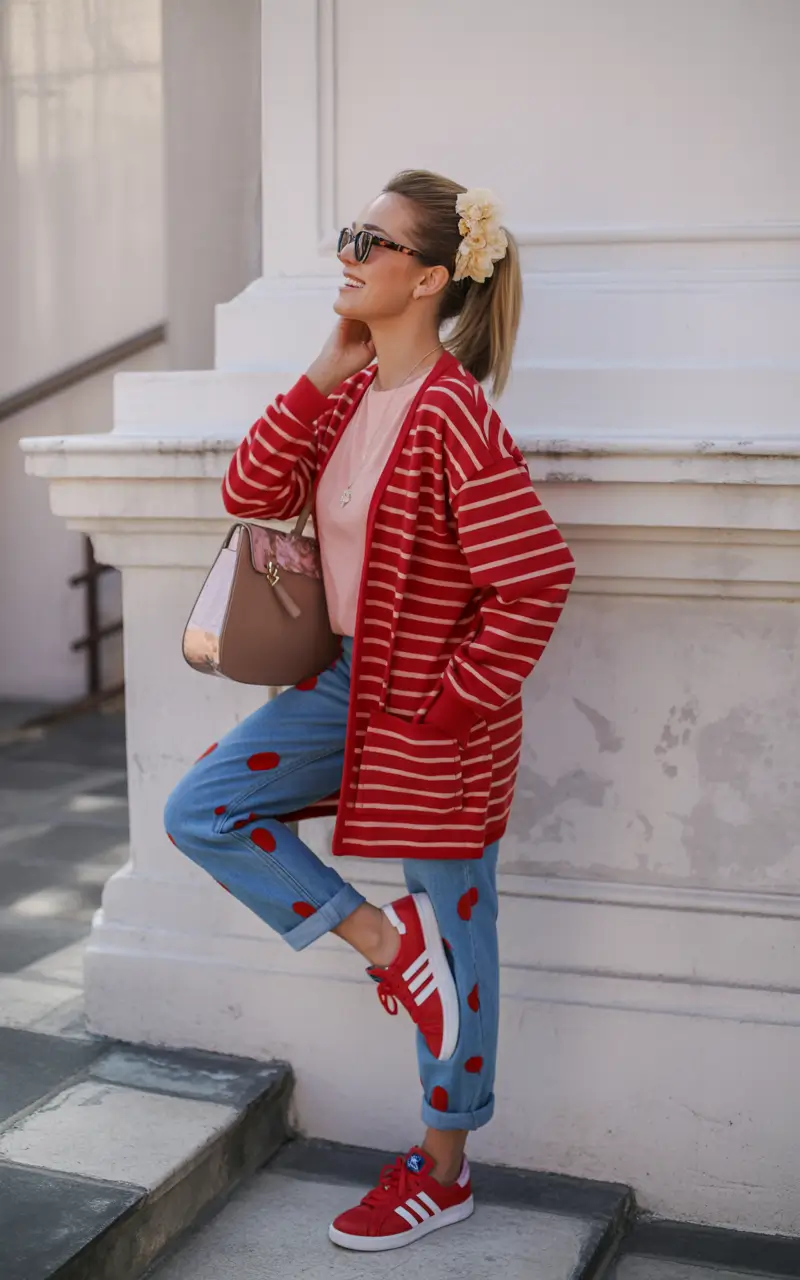 fall fashion outfits Polka Dots, Stripes, and Red Sneakers