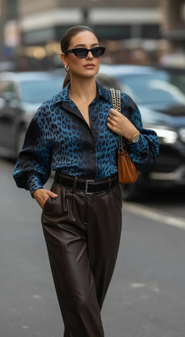 Street style+Midnight Wild: Blue Leopard & Leather Power Mix
