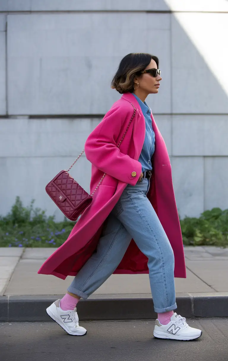 NYC fall outfits Power Pink & Cool Girl Denim