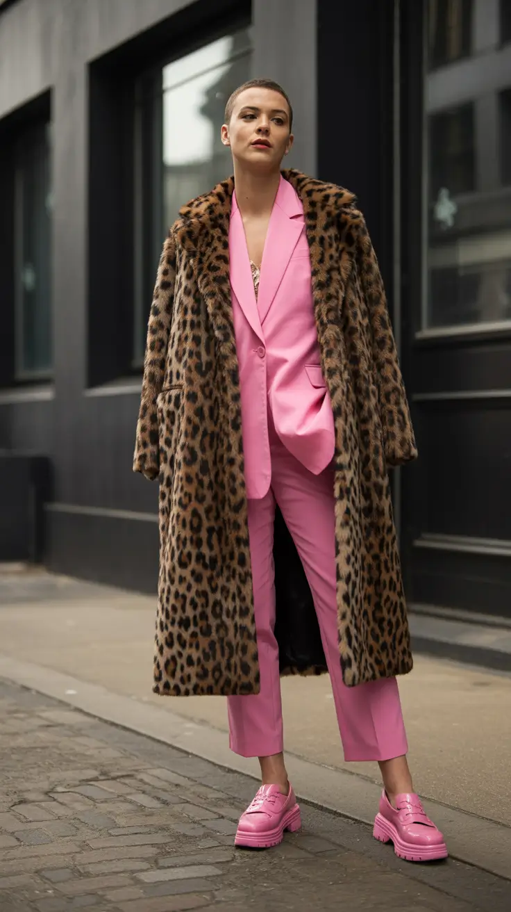 2025 fall Pink Power Suit Meets Wild Coating