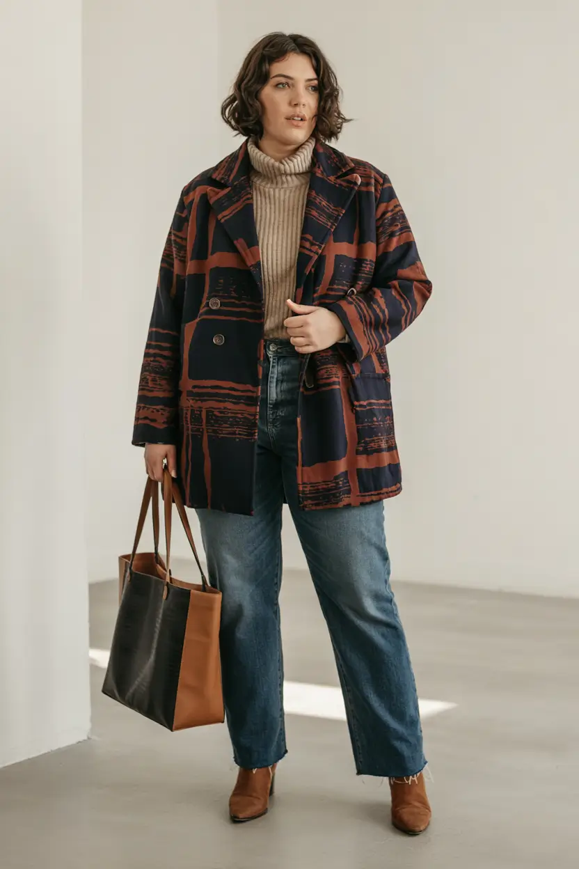 fall plus size capsule wardrobe Artfully Casual: Graphic Coat & Denim
