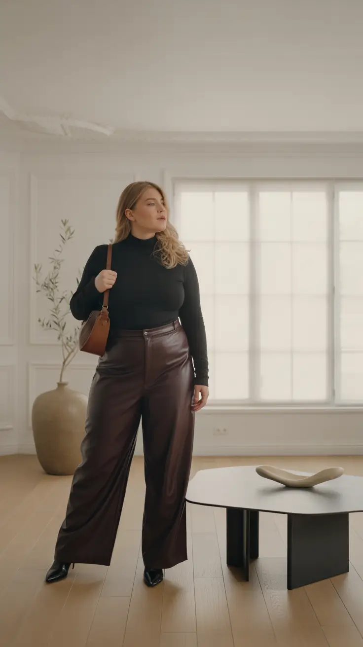 plus size fall fashion Leather Trousers & Coffee-Run Cool