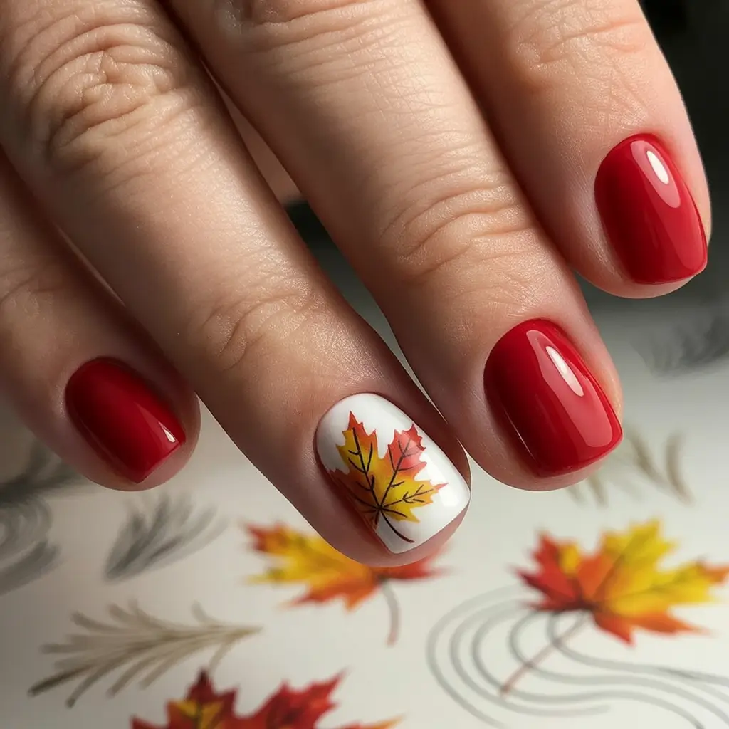 Round Fall Nails 2025 Maple Red with a Fall Accent