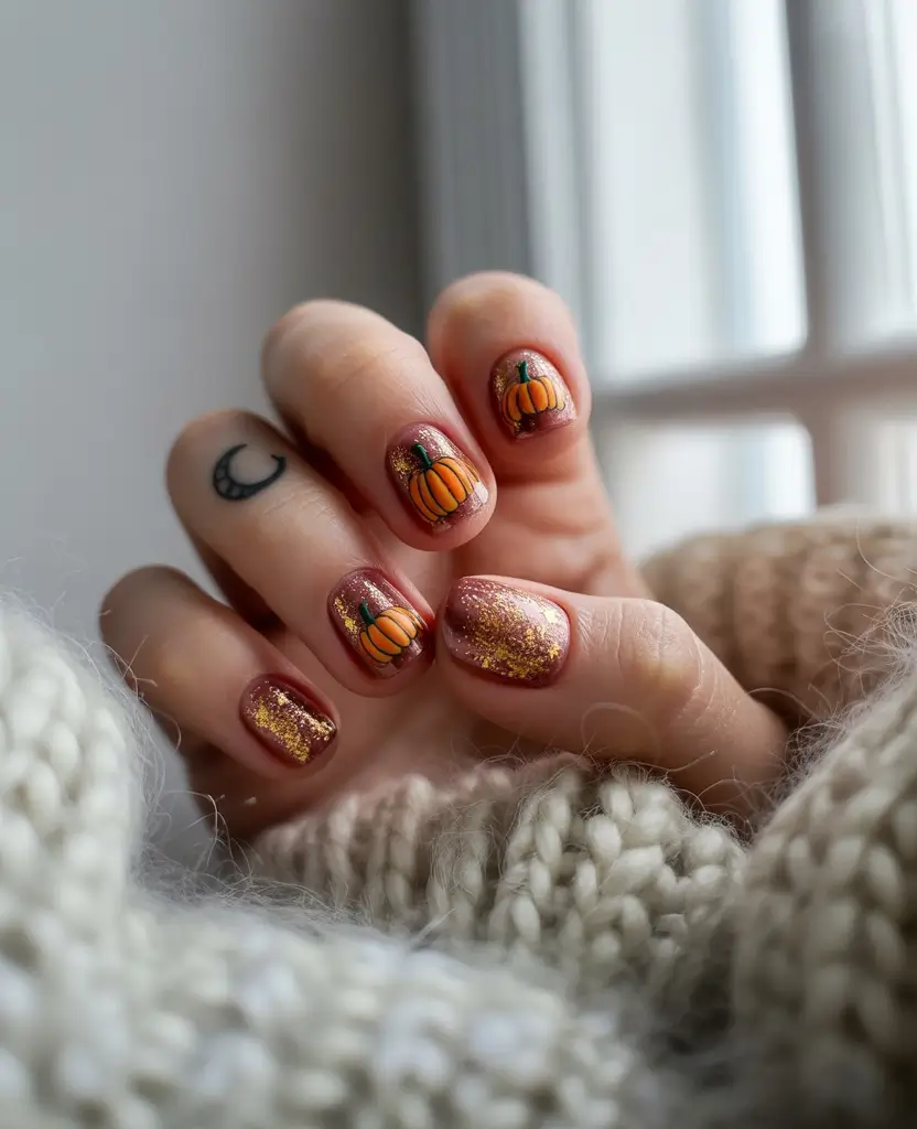 Round Fall Nails 2025 Pumpkin Patch Sparkle