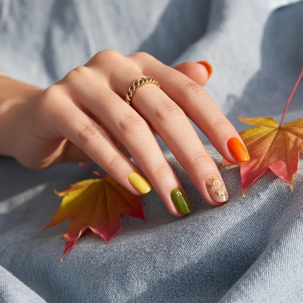 Round Fall Nails 2025 Harvest Rainbow with Golden Touches