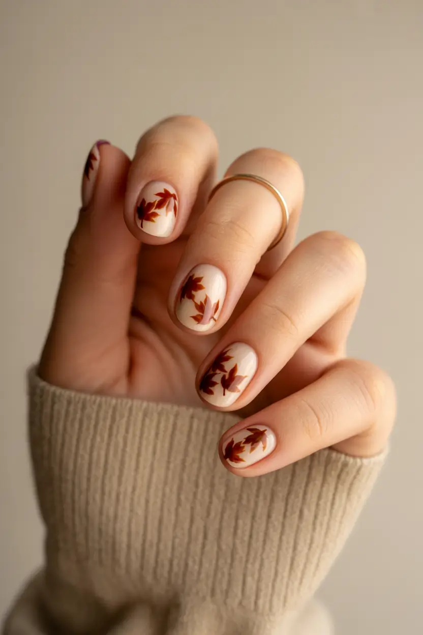 Round Fall Nails 2025 Amber Leaves on Nude Base