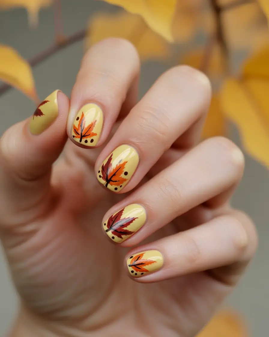 Round Fall Nails 2025 Golden Maple on Mustard Base