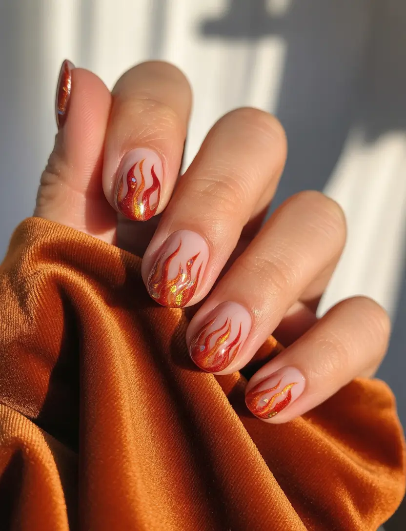 Round Fall Nails 2025 Fiery Glitter Flame Design